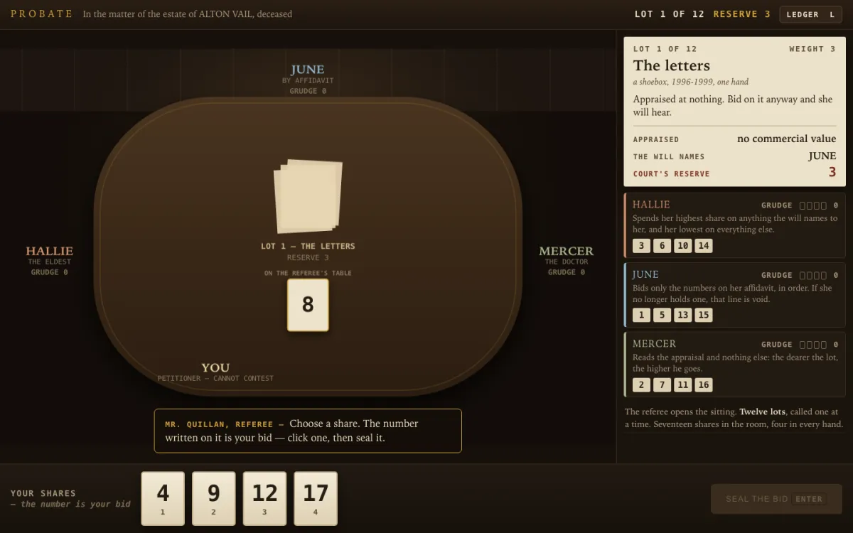 The game's screen on lot 1, the letters: the table with June, Hallie and Mercer, the lot card showing a reserve of 3, three rival hands face up on the right, and your four shares, 4, 9, 12 and 17, along the bottom.